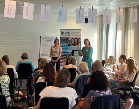 Silke Potthast und Rita Panesar stehen mit Flipchart und vor der Gruppe. Über den Zuschauerinnen hängt eine Leine mit beschrifteten DIN-A-Karten